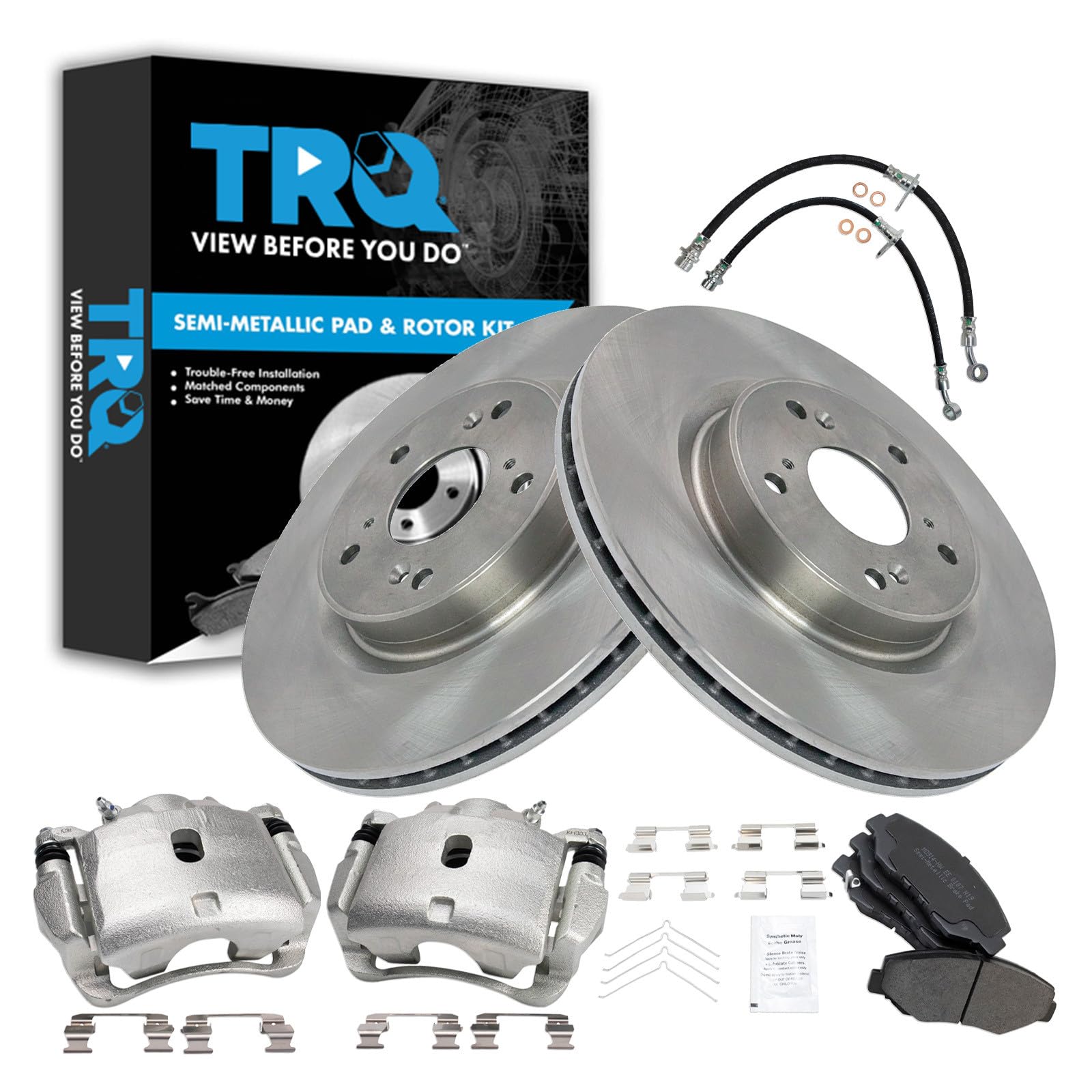 TRQ Front Brake Pad and Rotor Set Semi Metallic Calipers Compatible with 2012-2016 Honda CR-V Image