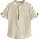 Malliosse Boys Short Sleeve Henley Shirt Button Up Linen Cotton Dress Shirts Tees Tops with One Pocket