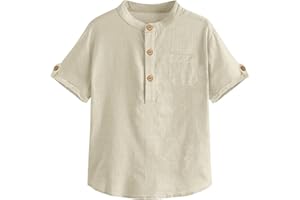 Malliosse Boys Short Sleeve Henley Shirt Button Up Linen Cotton Dress Shirts Tees Tops with One Pocket