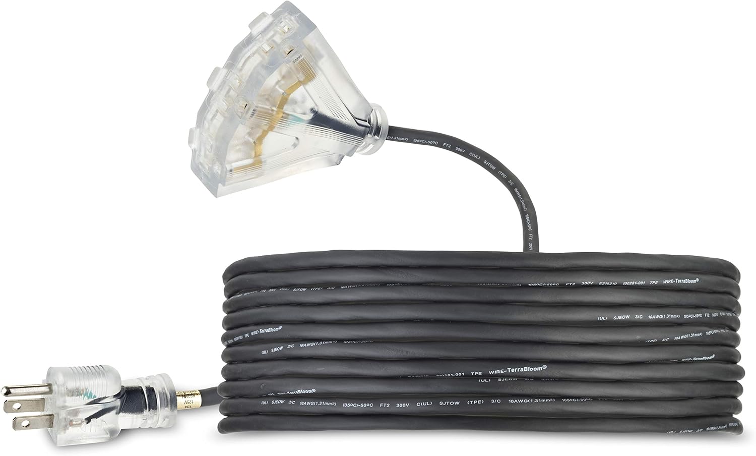 25 FT 16/3 Outdoor Extension Cord - Rubber, Flexible, Triple Outlet, Black Wire with Live Power Light Indicator. 13 Amp