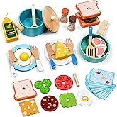 35 PCS Wooden Play Kitchen Accessories, Pretend Play Kitchen Toys for Kids Toddlers, Wooden Play Cooking Set Play Food Cookware Pots Pan Dishes, Gifts for Girls Boy 3 4 5 6 Years Old