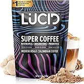 Lucid Superfood Organic Mushroom Coffee with Nootropics - Lion's Mane, Tremella, Cordyceps & Turkey Tail - Instant Mushroom Coffee Focus Brain Health - Alpha GPC, L-Theanine, Ginko Biloba - USA Made