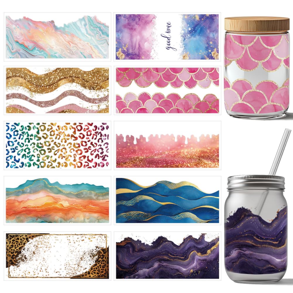 arricraft 10 Pcs UV DTF Cup Wrap Sticker, 10 Styles Marbling Transfer Paper Watercolor Gold Foil Rub on Stickers Leopard Scale Waves Sticker Waterproof Decals for Craft Glass 24x11cm