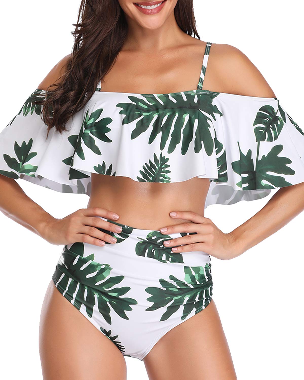 Temptme Apparel Women Off Shoulder Ruffle Two Piece Swimsuit Swimwear High Waist Leaf Print Bikini Set Bathing Suit Leaf Print M