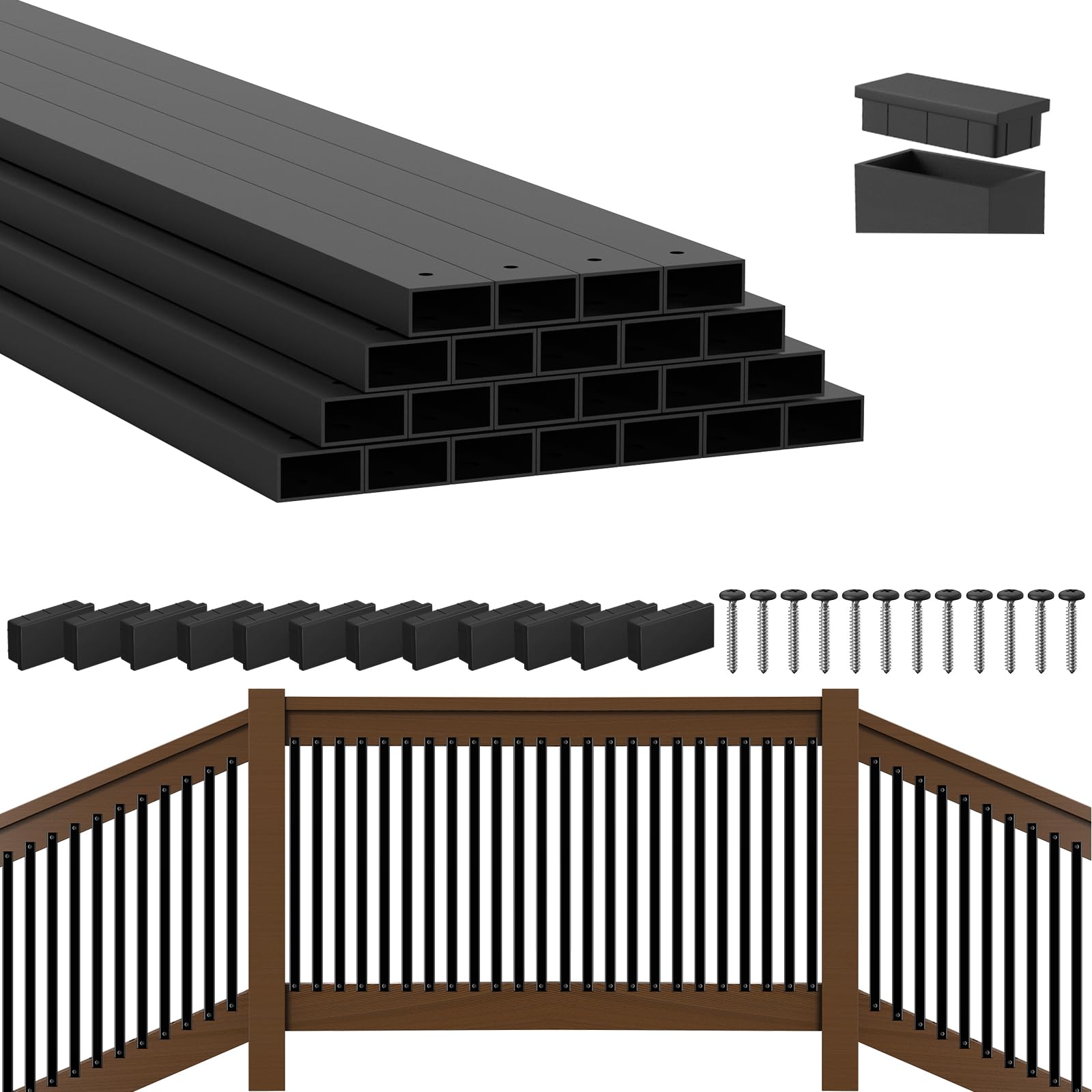 Photo 1 of 25 Pack 29.5" Black Aluminum Rectangle Deck Balusters with End Caps&Stainless Steel Screws-Upgraded Metal Railing Spindles Kit for Outdoor,Porch,Stairs&Balustrade Replacement (Face Mount Compatible)