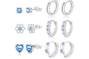 RANKEEF 6 Pairs Huggie Hoop Earrings 925 Sterling Silver Stud Sets Cute Heart Hoops Tiny Cubic Zirconia Flower Stud Small Hypoallergenic Cartilage Sleeper Earrings