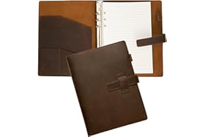ADEERUS Refillable A5 Leather Binder Notebook 6-Ring, Reusable Genuine Leather Journal, Vintage Planner, 120 Pages Lined Paper & Pocket, for Writers Business Work Study College and Daily, 6.9”x 9”