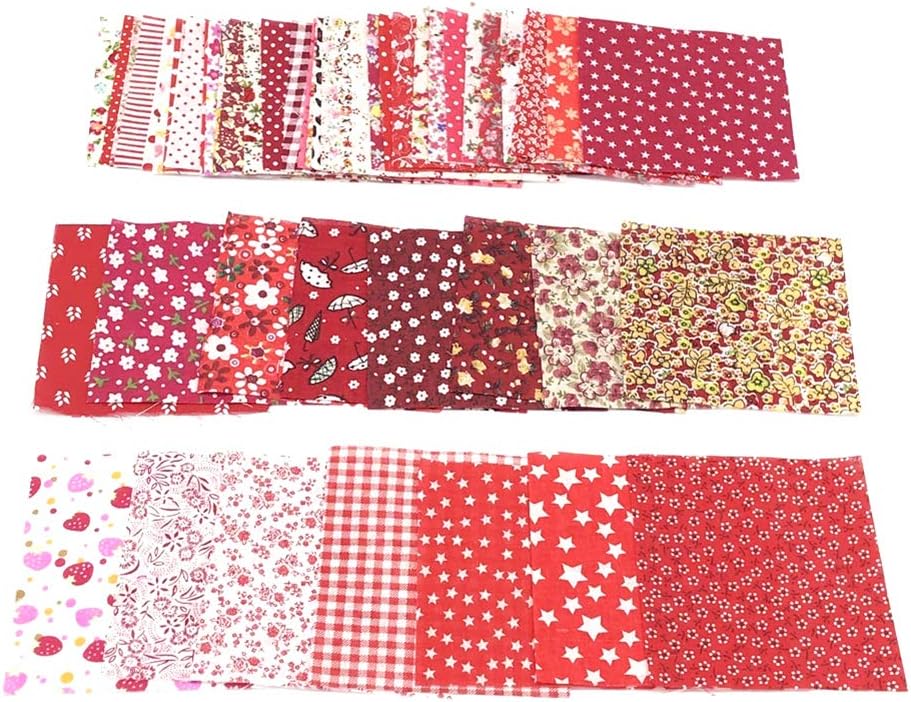 XYanXXX 50Pcs 10x10cm Cotton Quilting Fabric,Floral Patchwork Hand Craft Fabric Plain Cloth Bundle Quilt DIY Craft Bag Doll Toy Sewing Material Red