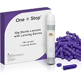 One Step Lancing Device &amp; 100x 30G Lancets for Diabetes Blood Testing | 5 Depth Settings, Finger Pricker for Blood Sugar, 100 30G Twist Top Lancets, Lancet Ejector, Portable Testing Device