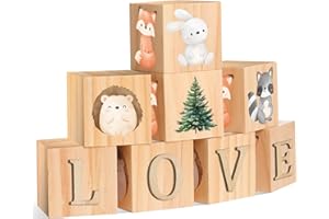 Wonderjune Custom Woodland Animals Wooden Name Sign, 8 Animals Block with 78 Letter Nursery Name Cubes for Nursery Shower Baby Shower Alphabet Wood Signs