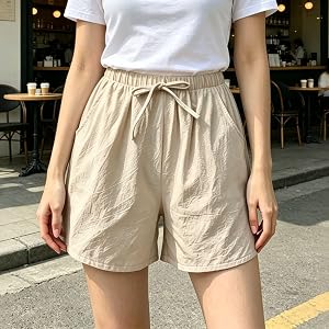 Women's High Waist Linen Look Wide Leg Shorts Elastic Pocket Summer Beach Shorts