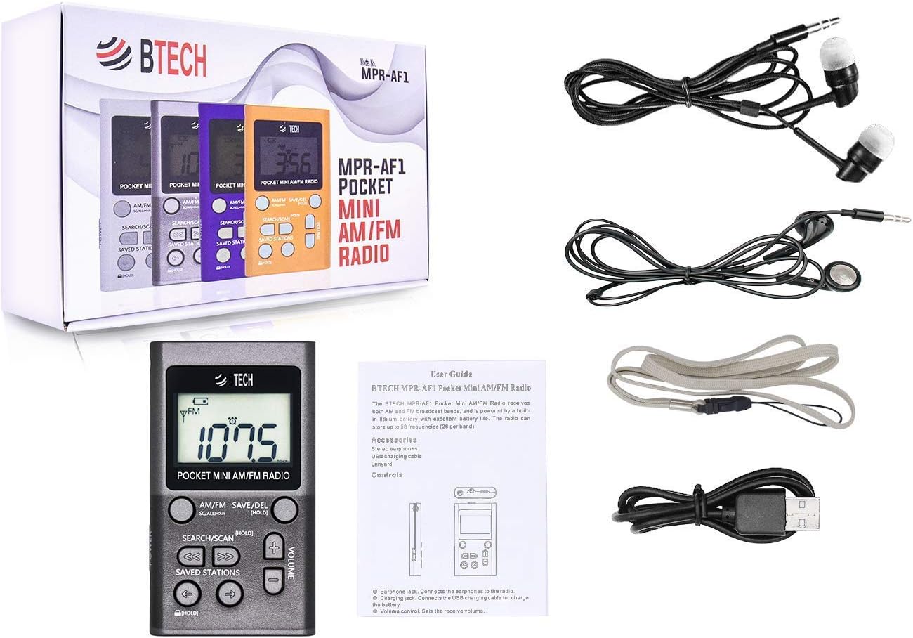 BTECH MPR-AF1 AM FM Personal Radio with Two Types of Stereo Headphones, Clock, Great Reception and Long Battery Life, Mini Pocket Walkman Radio with Headphones (Silver): Electronics