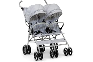 DELTA CHILDREN GAP babyGap Classic Side-by-Side Double Stroller - Lightweight Double Stroller with Recline, Extendable Sun Visors & Compact Fold - Made with Sustainable Materials, Grey Stripes