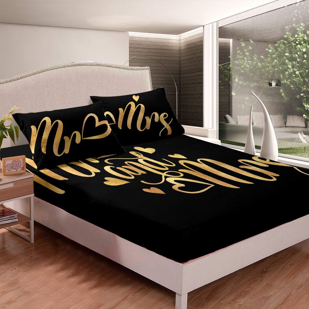 Amazon Com Feelyou Heart Pattern Bedding Set For Men Women Couple Love Heart Bed Sheet Set Modern Simple Design Fitted Sheet Room Decor Black Golden Bed Cover Twinxl Size 2pcs Home Kitchen