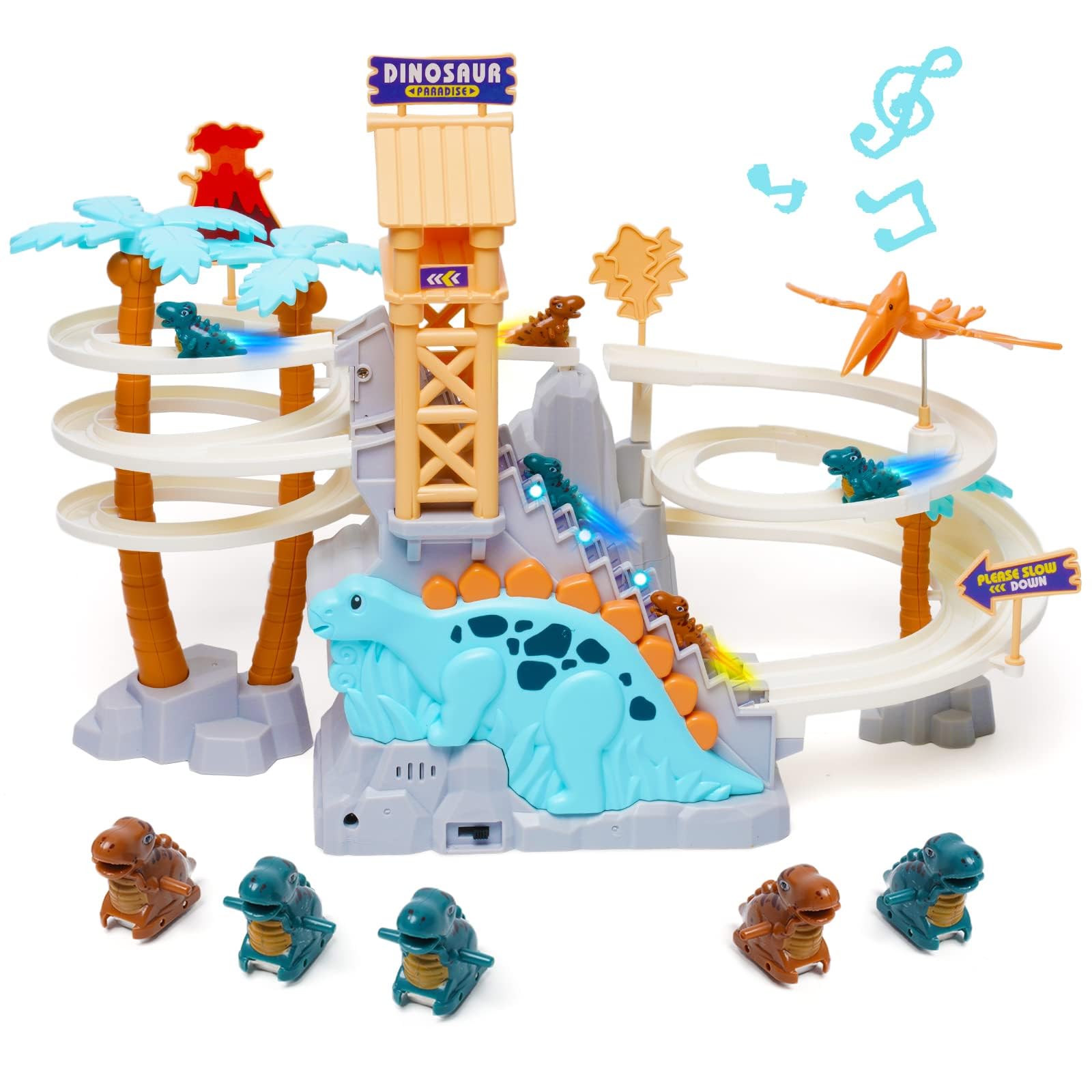 Race Track Toys Climbing Stairs Roller Coaster Electric Double Loop Dinosaur Track Slide with Music Flashing LED Lights Music Orbit Chasing Gift for Kids Toddlers Boys Girls