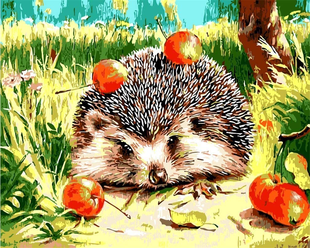 YEESAM ART Paint by Numbers for Adults Beginners Hedgehogs and Fruit 16x20 inch Linen Canvas Acrylic DIY Number Painting Kits Wall Art Decor Gifts