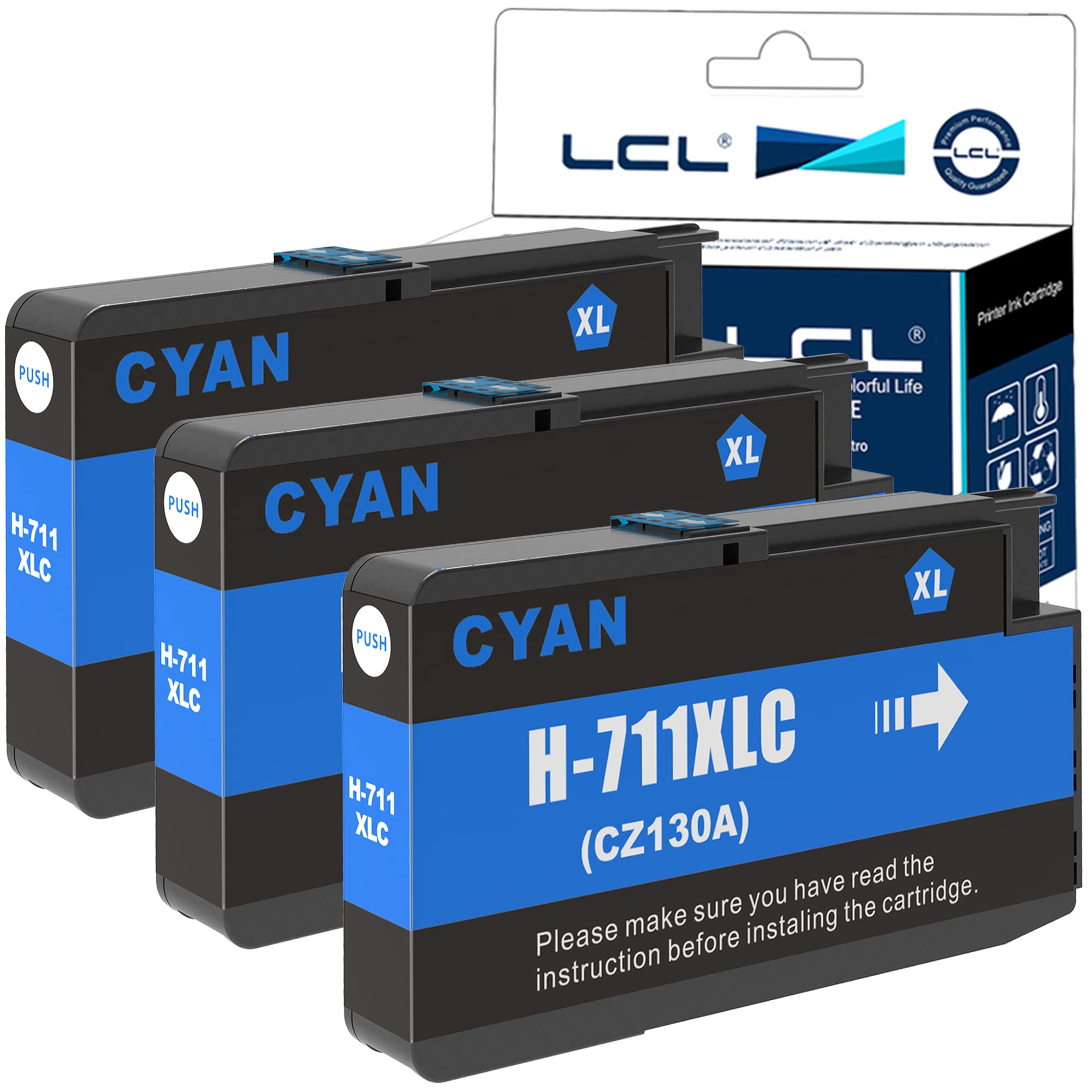 LCL 711XL Ink Cartridge Replacement for HP 711 XL 711XL CZ130A for HP Designjet T120 24 T120 610 T520 24 T520 36 T520 610 T520 914 T125 24 T530 T130 T525 (3 Cyan)