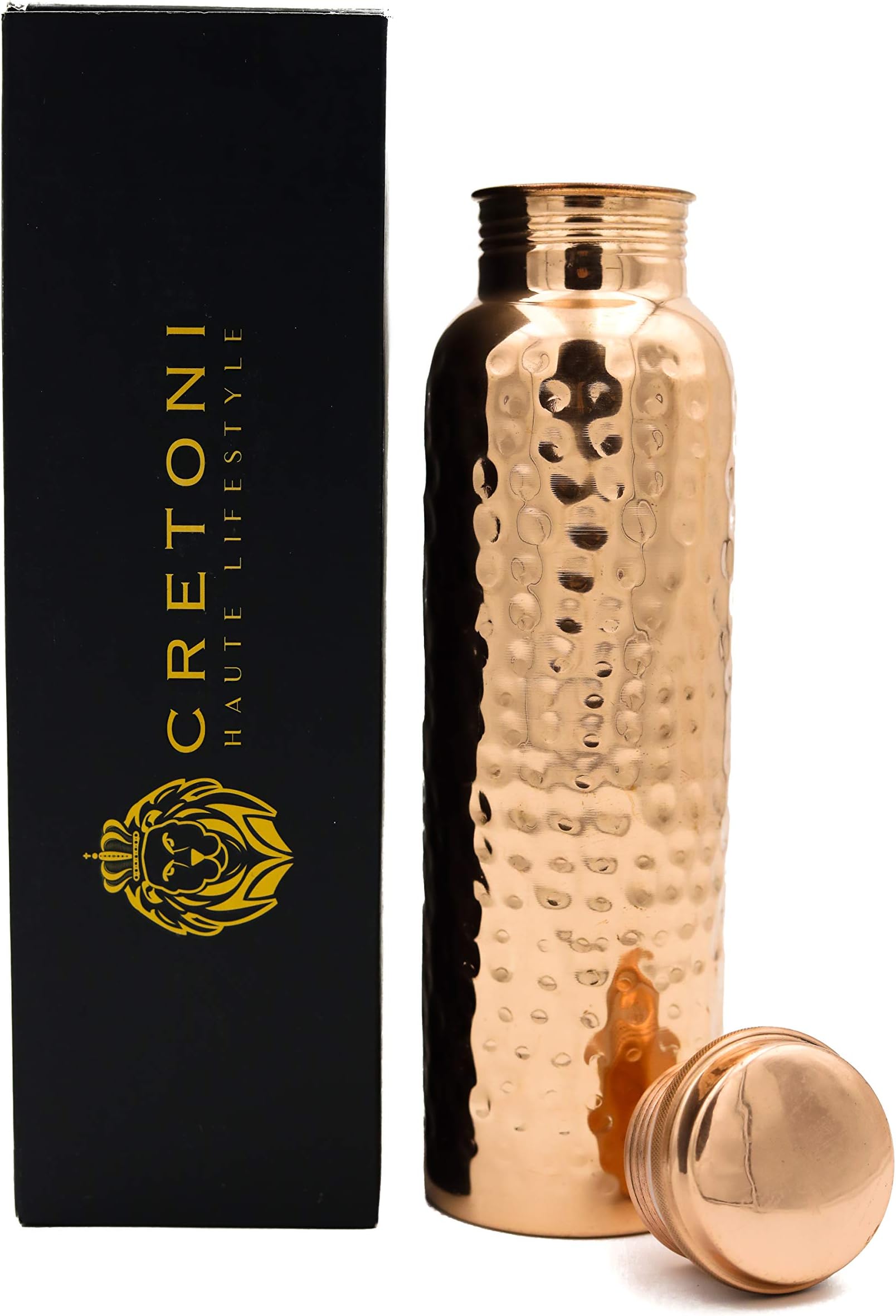 CRETONI Copperlin Pure Copper Water Bottle - Glossy Hammered Seemless Leak Proof Design : Perfect Ayurvedic Copper Vessel for Sports, Fitness, Yoga, Natural Health Benefits (900 Milliliter/30 Oz)