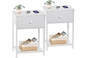 AMHANCIBLE Night Stand Set 2, Bedside Table with Fabric Drawer, Industrial End Tables Living Room with Storage Shelf, Slim Ni