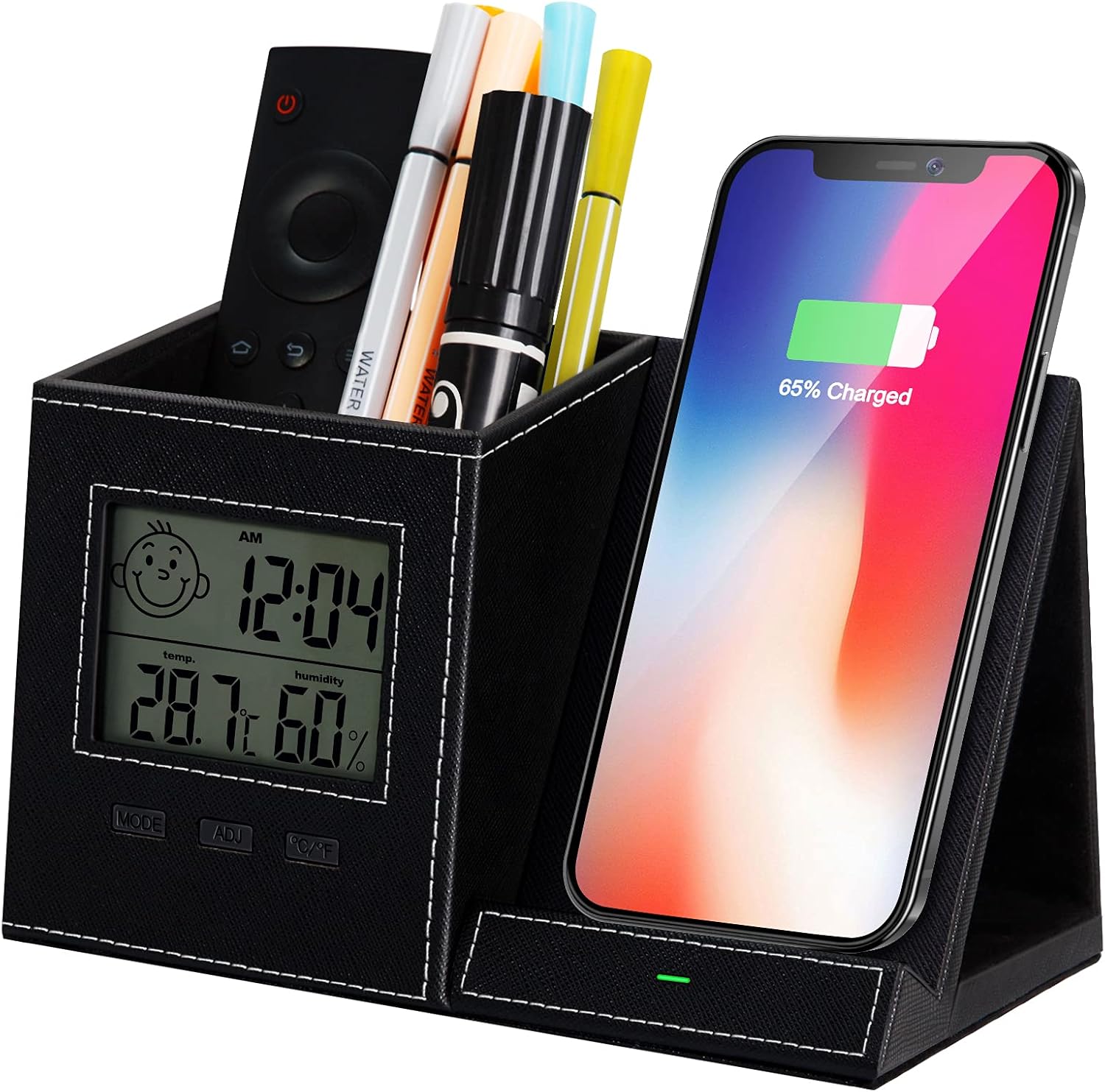 Desk Organizer with Pen Holder, Wireless Charger, Digital Indoor Thermometer and Humidity Gauge, Desk Storage and Supplies, Home Office Organizers for Desk (Battery Included): Home Improvement