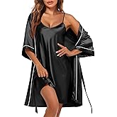 Ekouaer Women's Silk Robe Set V Neck 2 Piece Satin Bathrobes 3/4 Sleeves Bridal Sleepwear Sexy Cami Nightgown