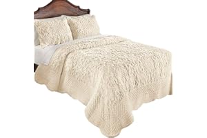 Collections Etc Elegant Ultra-Soft Faux Fur Plush Quilt Bedding with Scalloped Edges and Scroll and Lattice Patterns, Ivory, King