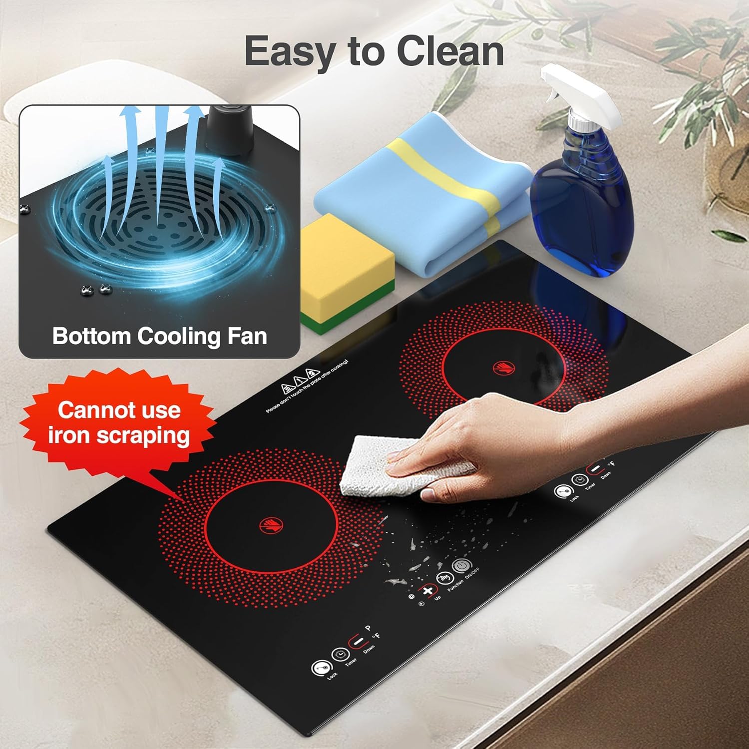 VBGK Electric cooktop,110V 24 inch 2 Burner Electric Cooktop,Built-in and Countertop Stove Top,2200W Stove,9 Power Levels, Kids Lock & Timer,LED touch control,Overheat Protection