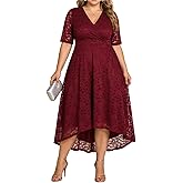 Plus Size Wedding Guest Dress Fall Formal Lace Burgundy Faux Wrap V Neck High Low Short Sleeve Cocktail Party Maxi Dresses
