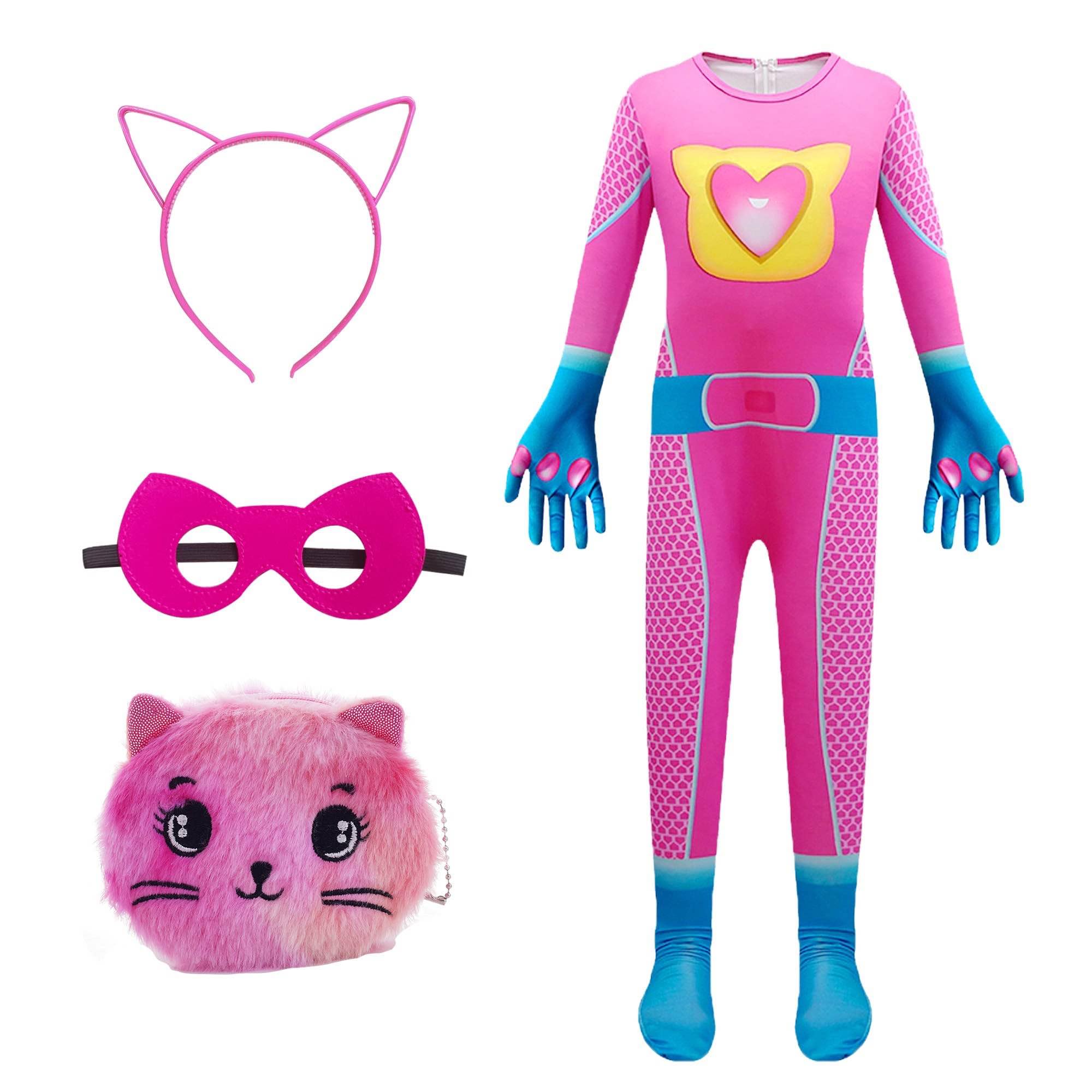 Photo 1 of *INCOMPLETE** PixiePicks Superhero Costume Jumpsuit for Girls, Cat Wallet and Headband for Halloween Christmas Party-130cm/6-7T Rosy