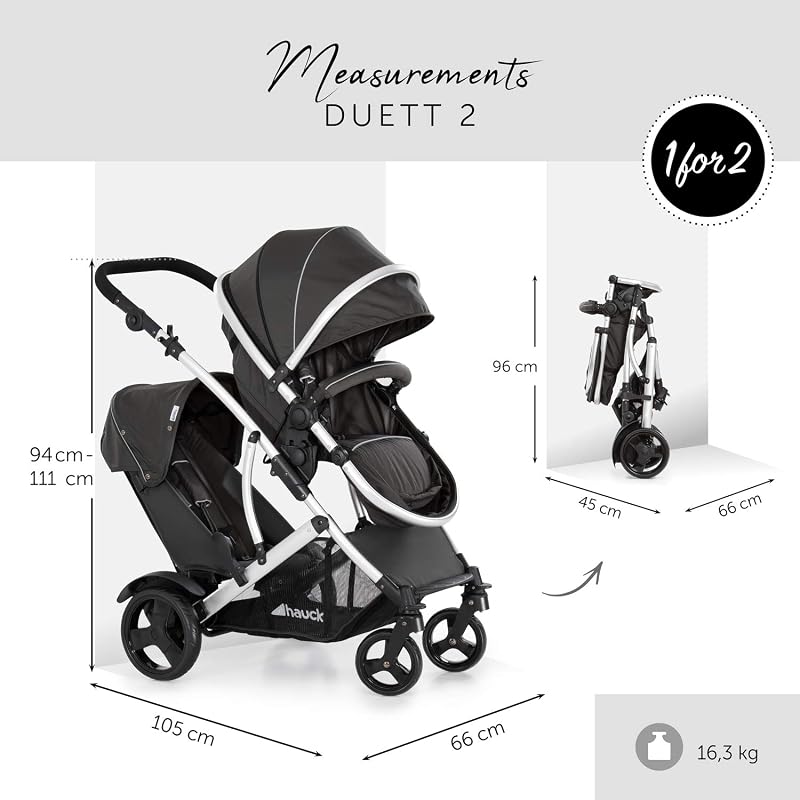 Passeggino Fratellare per Neonato e Bambino, Duett 2 Black Forest