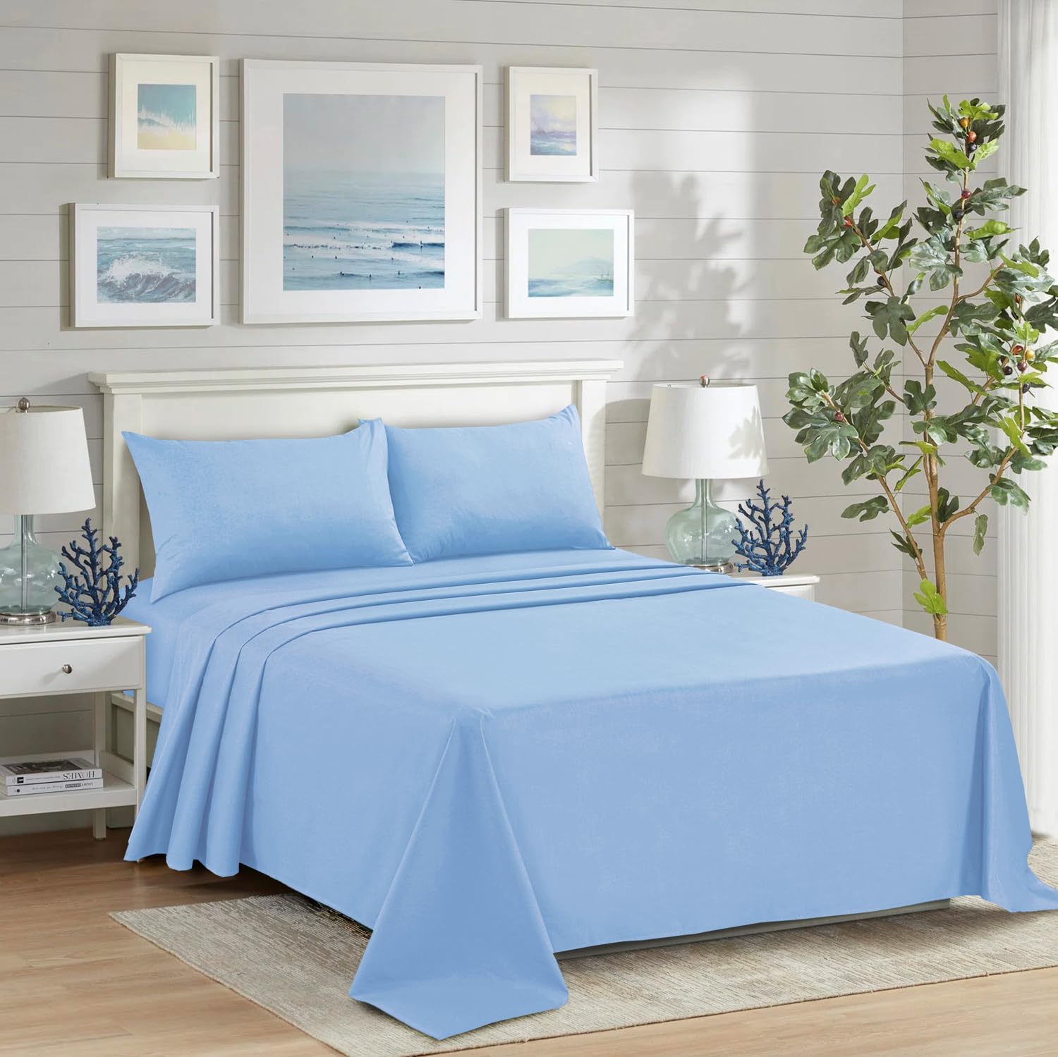 CHARKHAH Polycotton Flat Sheets with Single Double King Size Bed Ultra Soft Plain Top Sheet Dyed in Trendy Colors Hotel Collection Sheets Ideal for Winter & Summer Bedding (Sky-Blue, Double)