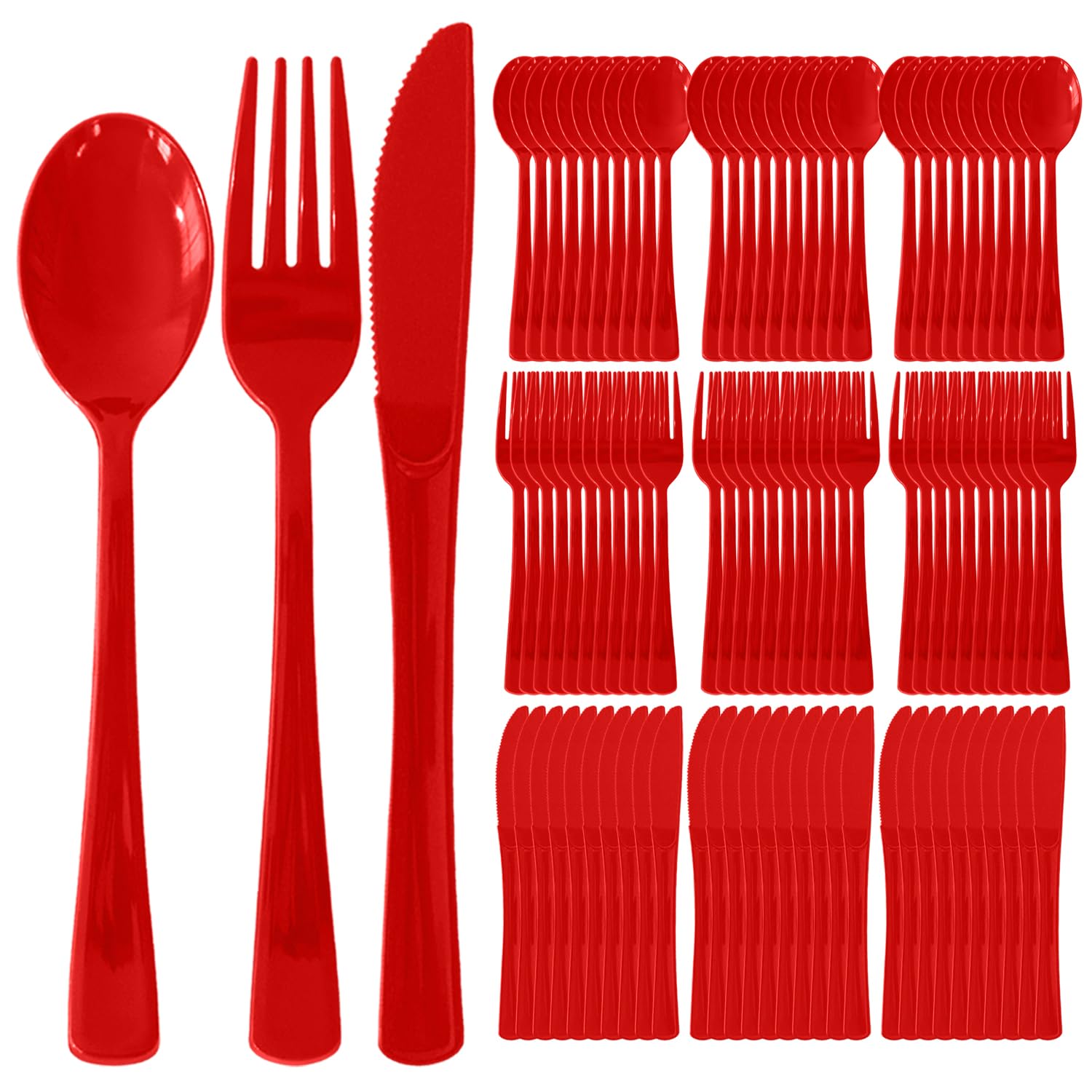 Photo 1 of Disposable Plastic Silverware, Heavy Duty Red Plastic Cutlery Set Includes 50 Forks 50 Knives 50 Spoons for Birthday Wedding Party Picnics (150, Red)