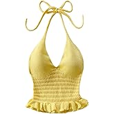GORGLITTER Women's Crochet Halter Peplum Cinched Waist Tops Babydoll Knit Tops Tie Backless Summer Vacation Beach Outfits