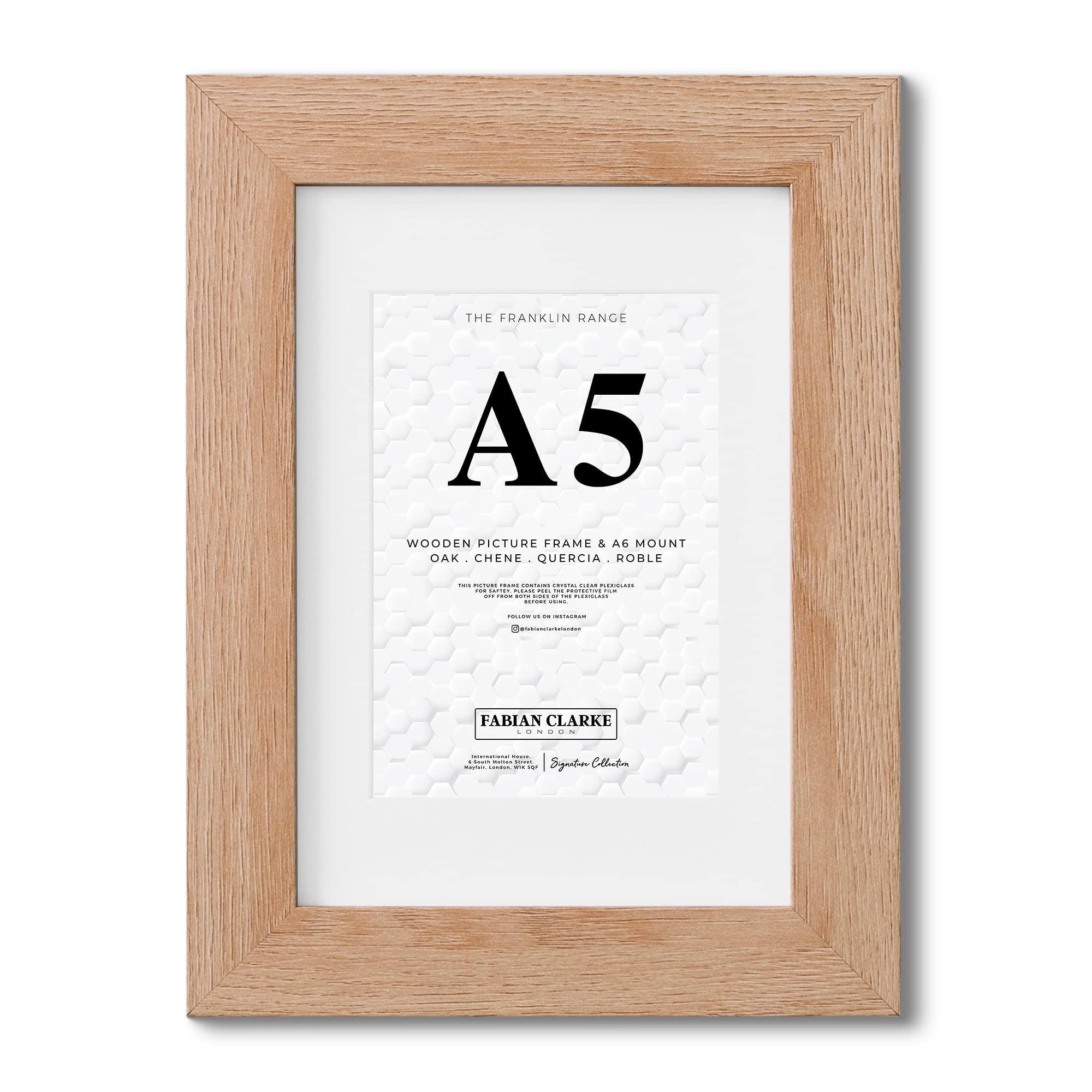 Fabian Clarke London® A5 Modern Oak Wooden Picture Photo Frame with White A6 Mount to Hang Portrait or Landscape