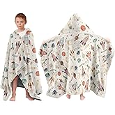 Space Adventure Hooded Towel for Kids, Planet Rocket Astronaut Hooded Poncho Blanket for Toddlers 30" x 50", Soft Flannel Wearable Blanket Bath Towel for Boy, Birthday Space Gift for Pool, Beach, Swim