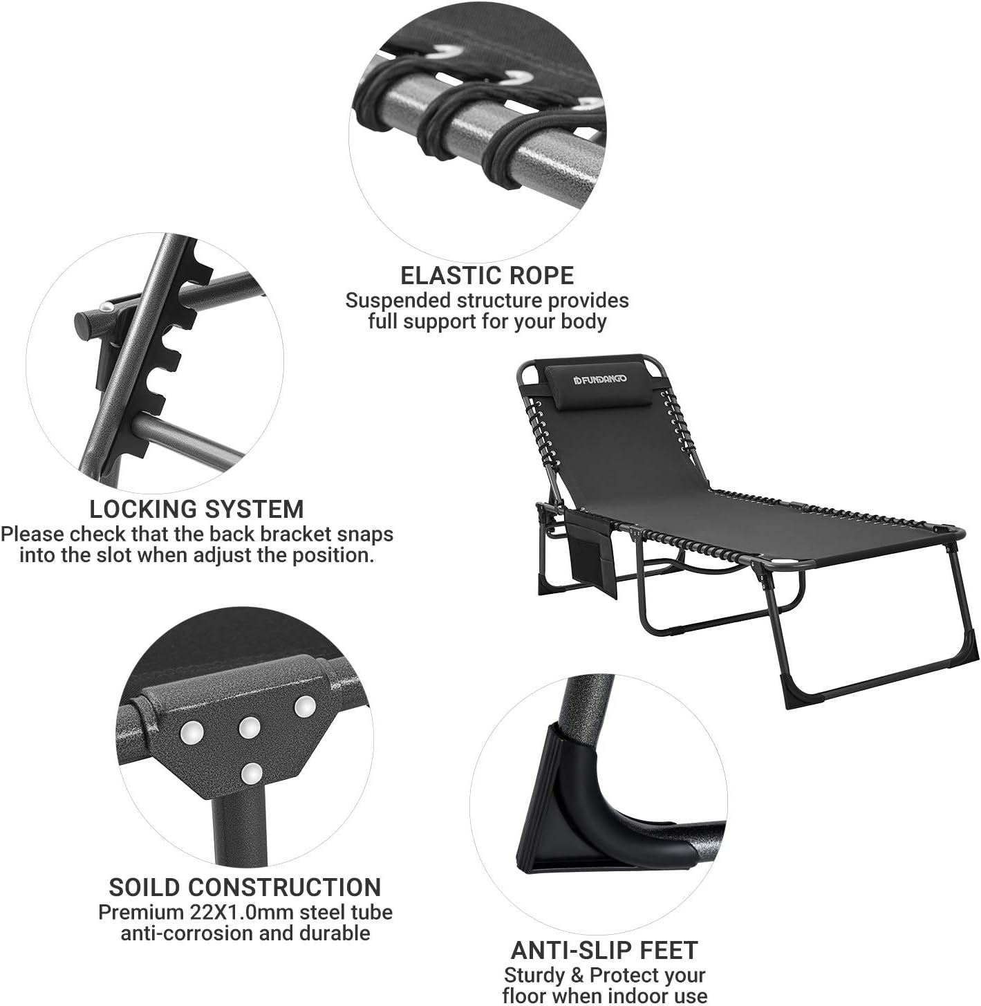 FUNDANGO Folding Chaise Lounge Chair for Outdoor, Lawn, Patio, Beach, Sunbathing, Deck, Lay Flat 4-Fold Portable Lightweight Heavy-Duty Adjustable Camping Reclining Chair with Pillow: Kitchen & Dining