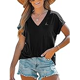 CUPSHE Women Tops Onyx V-Neck Short Sleeve Tee Front Pocket Shirt Solid Tee Casual Dressy