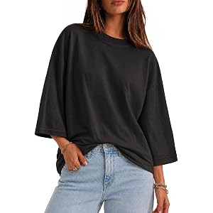 Flowyair Womens Oversized T-Shirt Casual 3/4 Sleeve Summer Boxy Tops Loose Fit Crew Neck Basic Shirts