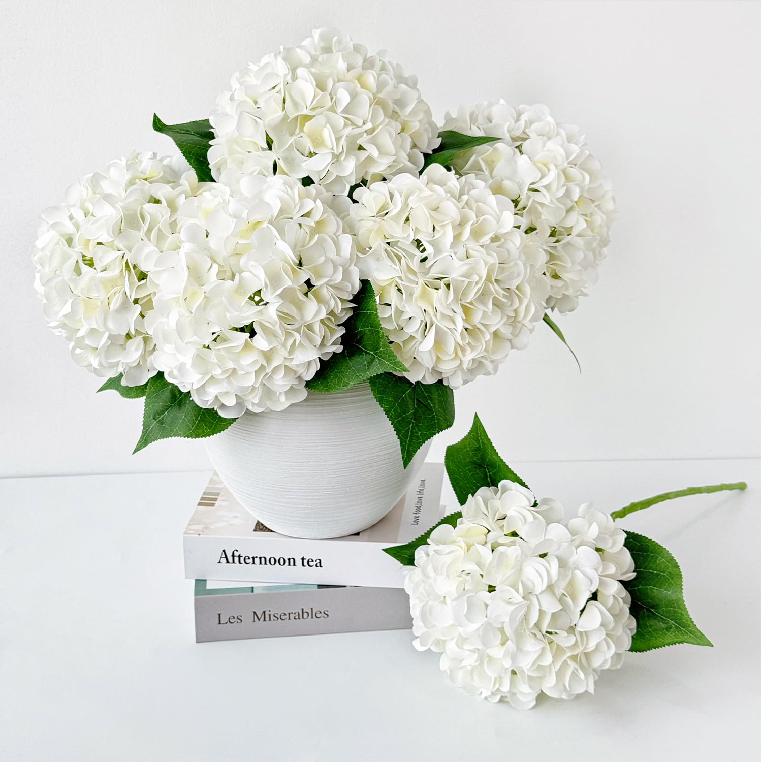 Photo 1 of ZYTUYO 5 Pcs White Silk Hydrangeas Aritificial Flower Boho Dried Touch 20'' Faux Hydrangeas for Spring Indoor Home Decor Kitchen Living Room Porch Outdoor Wedding Flower Arrangement