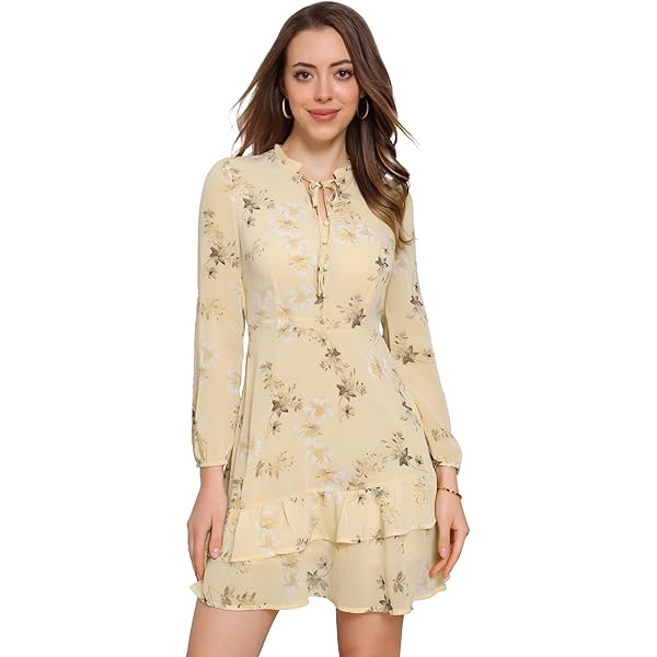 Women's Mini Flowy Chiffon Ditsy Floral Dress, Long Sleeve V Neck A-line  Swing Dress, Boho Fit Short Dresses (Black,Small) at Amazon Women's  Clothing store