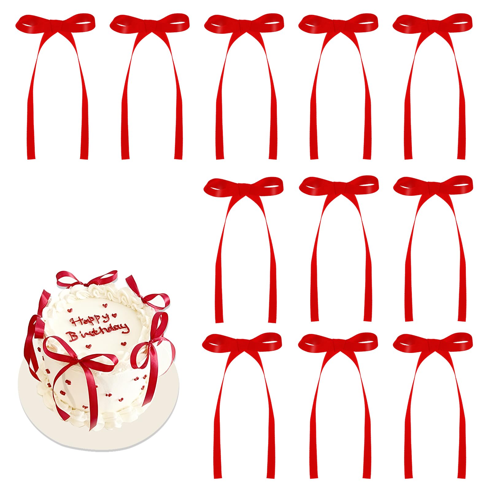 Photo 1 of 30 Pack Bow Cake Toppers Red Ribbons Bows for Cake Coquette Themed Red Bow Birthday Decorations for High Footed Cup Balloon Wall Birthday Wedding Christmas Party Supplies
