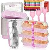 Yimerlen 100 Pack Mini Loaf Pans Mini Cake Pans with Lids and Spoons Sealing Sticker, 6.8oz Rectangle Aluminum Foil Baking Pans Disposable Loaf Cake Pan for Baking (Pink)