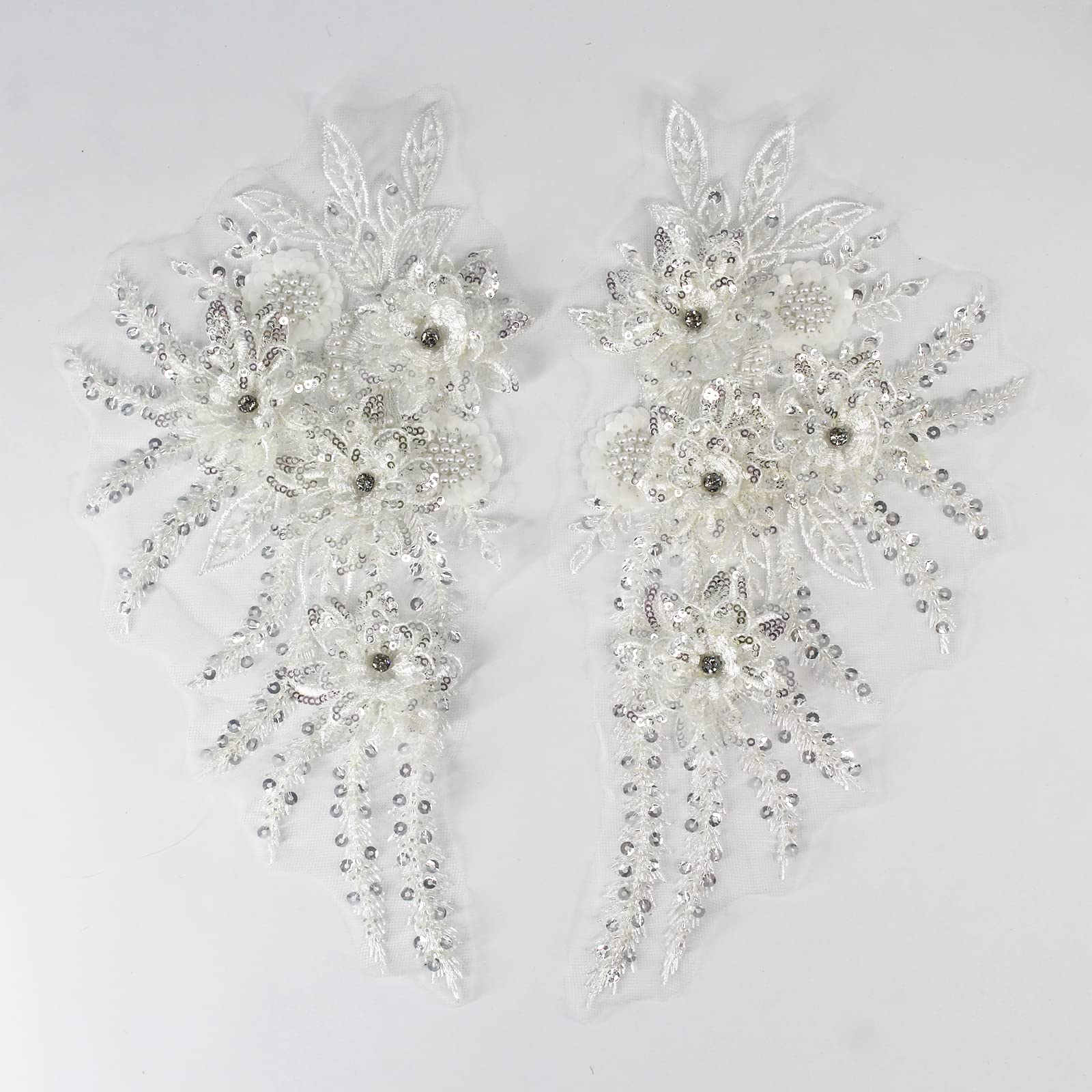 SUNMOVE One Pair 3D Rhinestone Beaded Embroidery Sequin Lace Applique Mirror Sew On Flower Fabric Collar Patch Motif Wedding Gown Dress BridalDIY Crafts