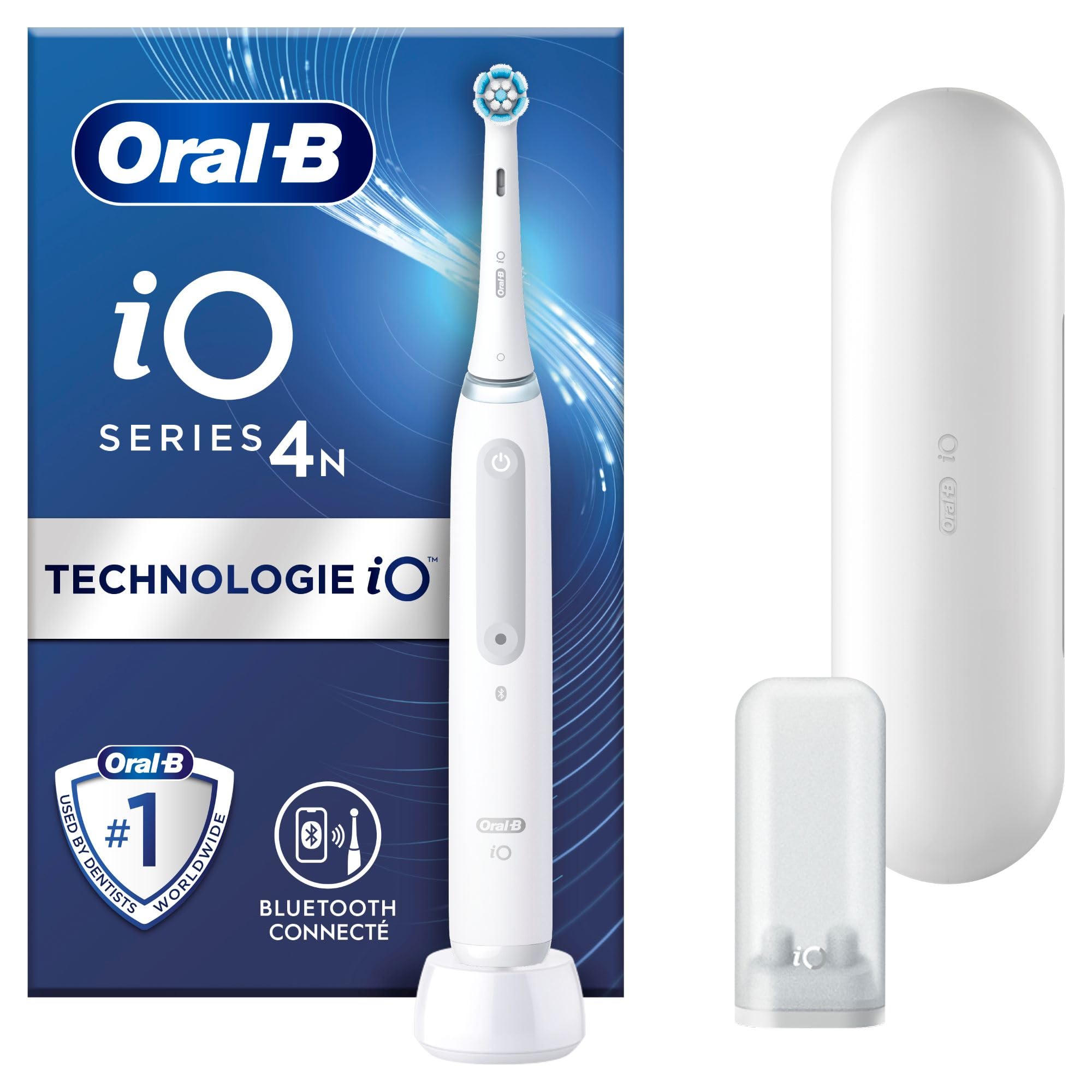 Oral-B iO 4 Brosse À Dents Électrique, 1 Manche Blanc, Le Capteur De Pression Pour Protéger Les Gencives, Des Accessoires, 1 Brossette Ronde De Rechange, 1 Chargeur, 1 Étui De Voyage