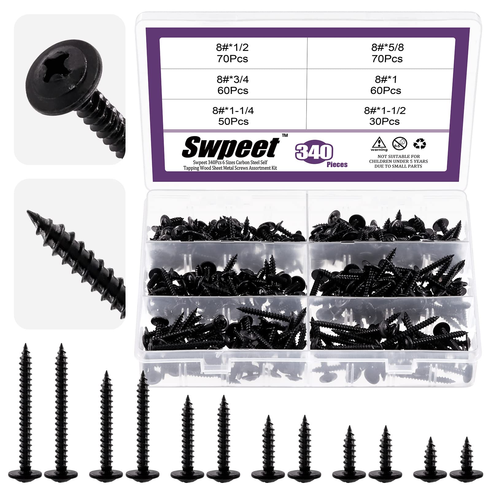 Swpeet 340Pcs 6 Sizes #8 x 1/2", 5/8", 3/4", 1", 1-1/4", 1-1/2" Phillips Modified Truss Head Wood Screws Assortment Kit, Black Phosphate Steel Self Tapping Sheet Metal Screws Self-Drilling Screws