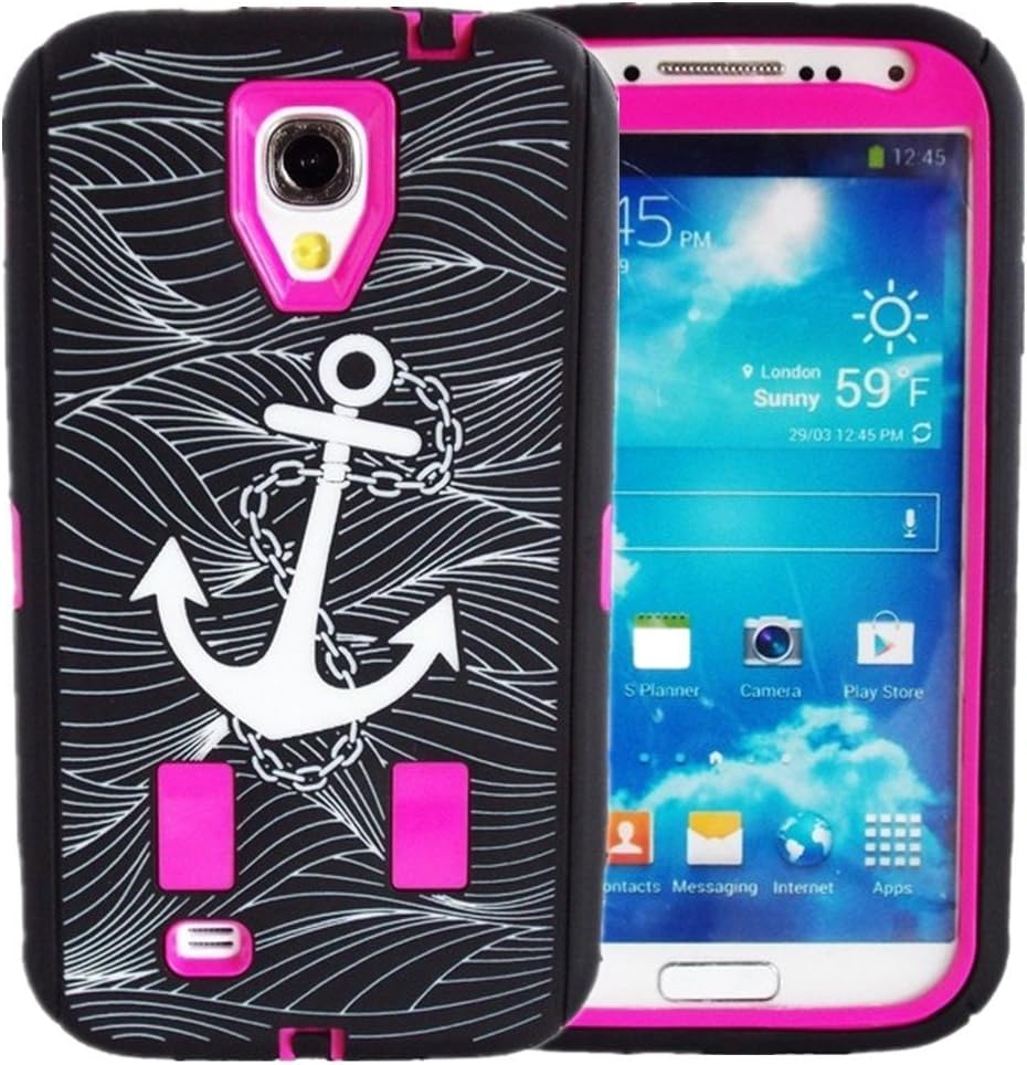 iBest4u Anchor Print Combo Defender High Impact Soft Silicone Skin & Hard Case Cover For Samsung Galaxy S4 S IV i9500 (Hot Pink)