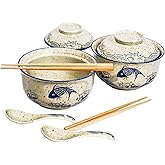 Ceraozmus Ceramic Ramen Bowl Set, 800ml, with Lid, Spoon and Chopsticks, Japanese Vintage Large Soup Bowls Instant Noodle Bow