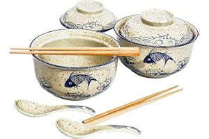 Ceraozmus Ceramic Ramen Bowl Set, 800ml, with Lid, Spoon and Chopsticks, Japanese Vintage Large Soup Bowls Instant Noodle Bow