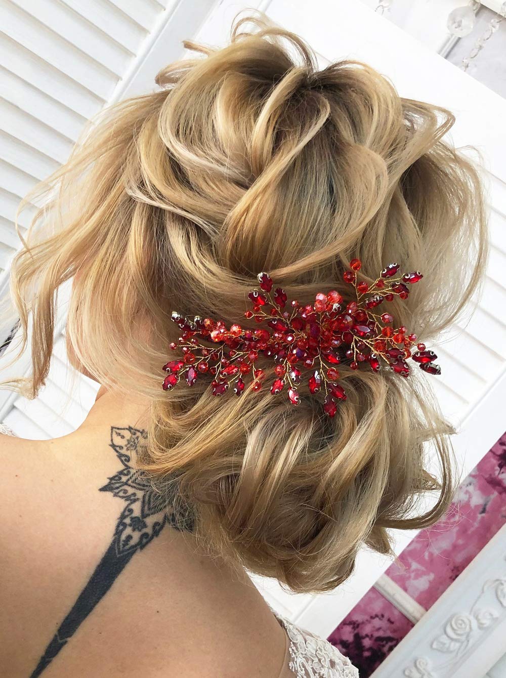 Deniferymakeup Bridal Wedding Comb Gift for Bride Hair Wedding Crystal Comb Hair Piece Vine Red Bridal Comb Wedding Hair Pieces Bridesmaid Comb Hair Red