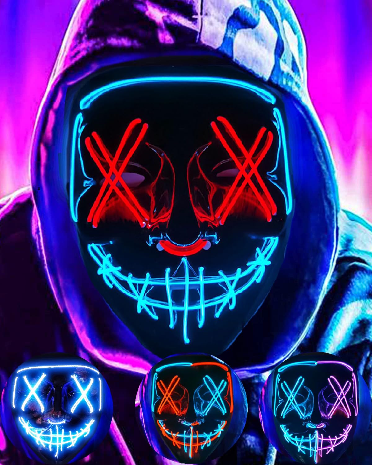 DWTECH LED Halloween Mask - Light Up Mask LED Masks EL Wire Scary Mask for Masquerade Cosplay Light Up Face Mask for Kids Men Women Halloween Festival Party (Blue&Red) — image 1